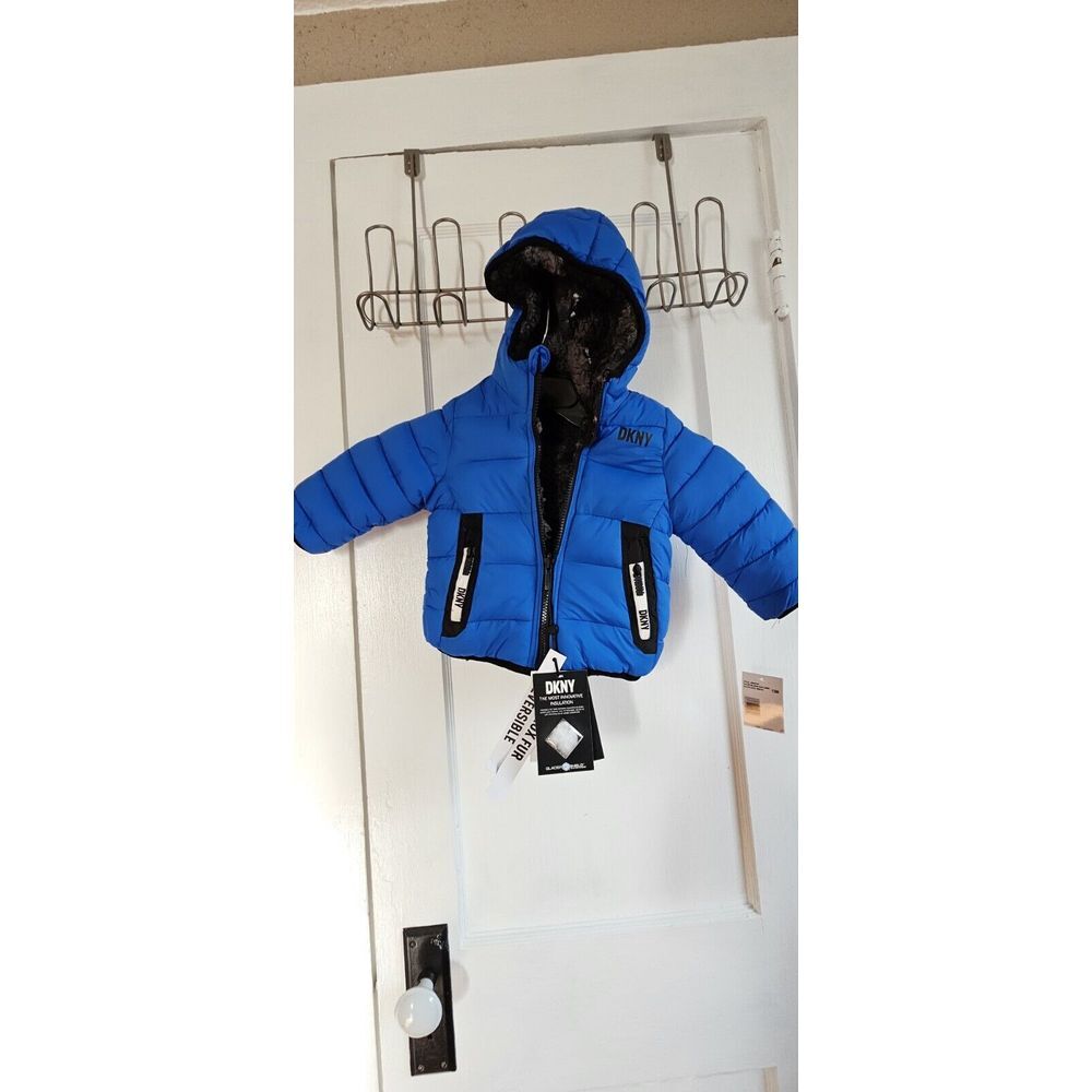 NWT DKNY faux fur puffer jacket blue Glacier Shield insulation reversible 12mons